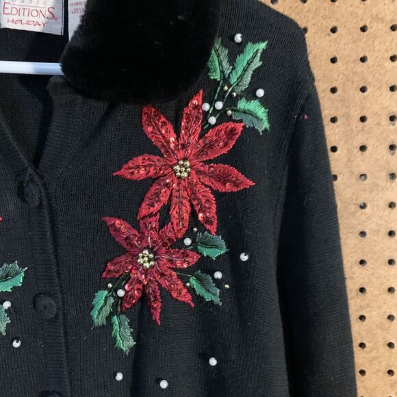 VTG Christmas Sweater Basic Editions Sequined Poinsettias Size XL Novelty Pearl - Picture 2 of 7